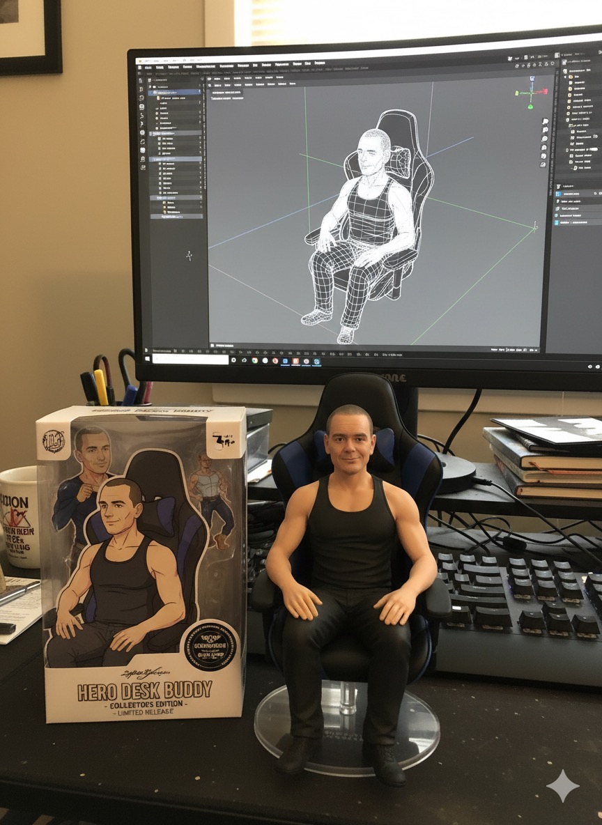 Desk figurine of Jamie seated at workstation